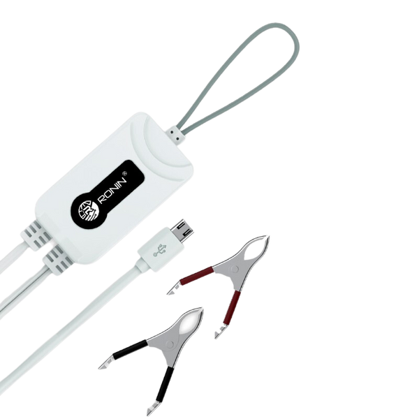 RONiN R-666 universal clip charger in white, featuring surge protection and short circuit prevention for safe charging.