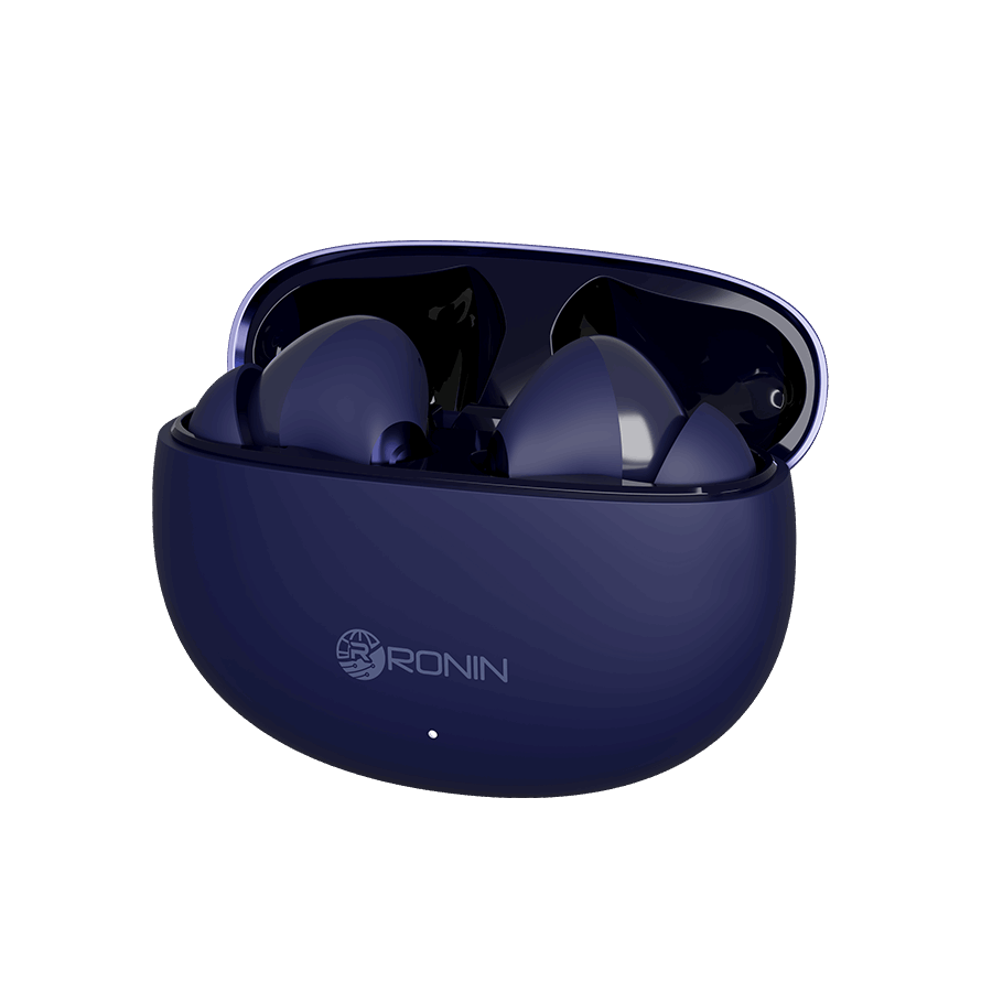 RONiN R-7030 earbuds in blue, with a compact charging case providing multiple charges for extended listening.