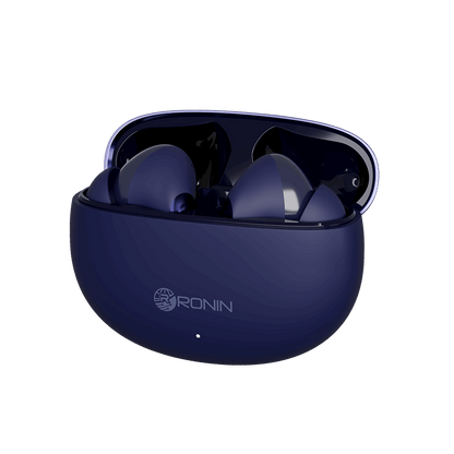 RONiN R-7030 earbuds in blue, with a compact charging case providing multiple charges for extended listening.