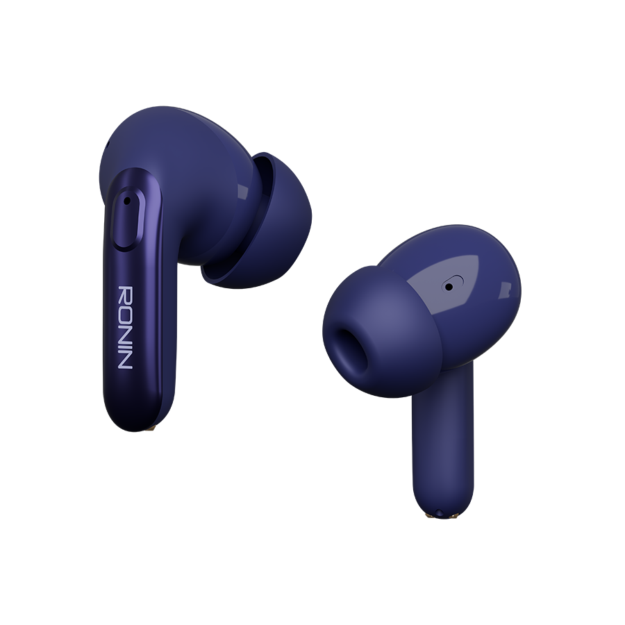 RONiN R-7030 earbuds in blue, with a compact charging case providing multiple charges for extended listening.