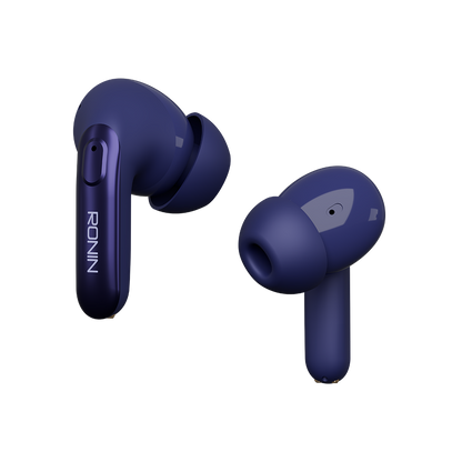 RONiN R-7030 earbuds in blue, with a compact charging case providing multiple charges for extended listening.