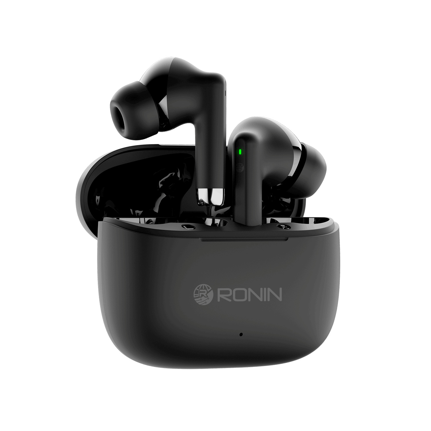 Black RONiN R-740 earbuds with sleek design, featuring Bluetooth 5.3 connectivity and IPX4 water resistance.