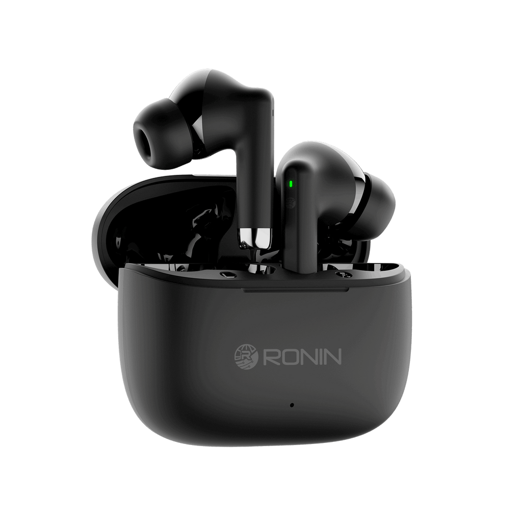 Black RONiN R-740 earbuds with sleek design, featuring Bluetooth 5.3 connectivity and IPX4 water resistance.