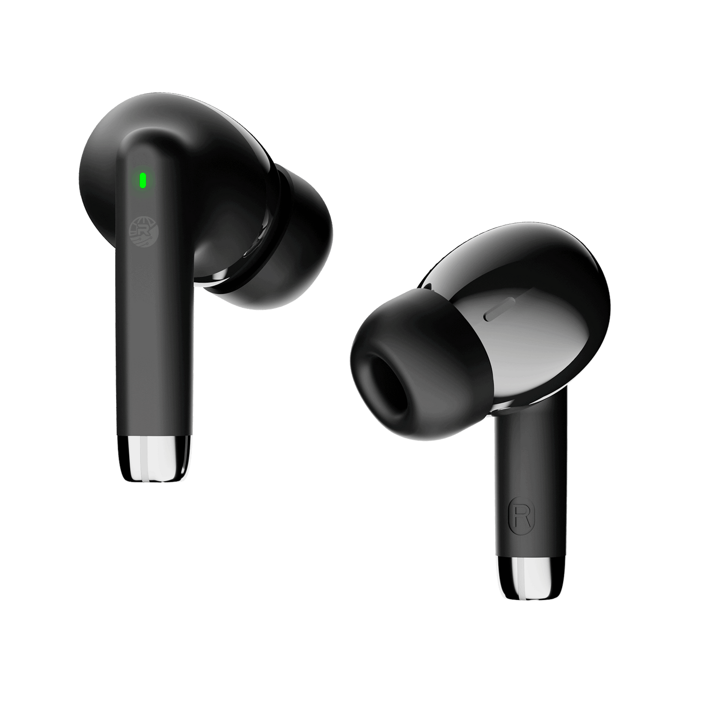 Black RONiN R-740 earbuds with sleek design, featuring Bluetooth 5.3 connectivity and IPX4 water resistance.