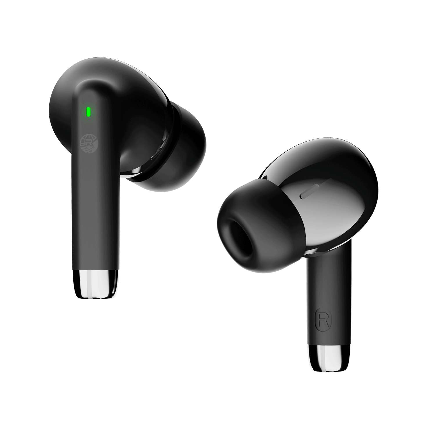 Black RONiN R-740 earbuds with sleek design, featuring Bluetooth 5.3 connectivity and IPX4 water resistance.