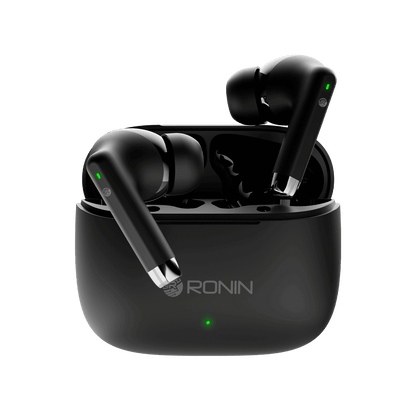 Black RONiN R-740 earbuds with IPX4 water resistance, ideal for on-the-go and active lifestyles.