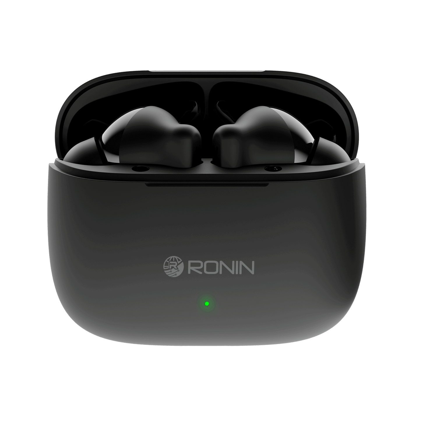 Black RONiN R-740 earbuds with IPX4 water resistance, ideal for on-the-go and active lifestyles.