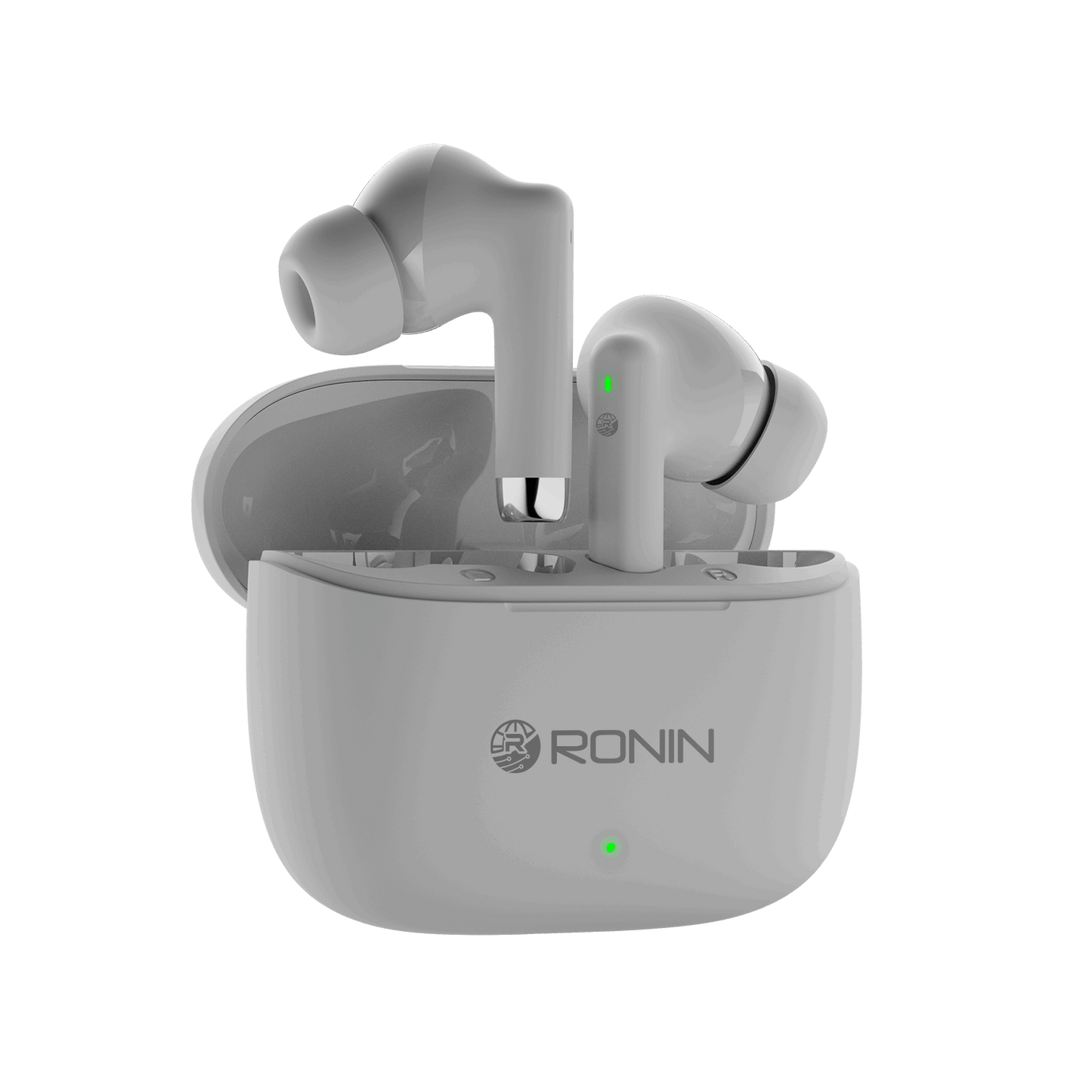 White RONiN R-740 earbuds with ergonomic design and touch controls for easy call and music management.