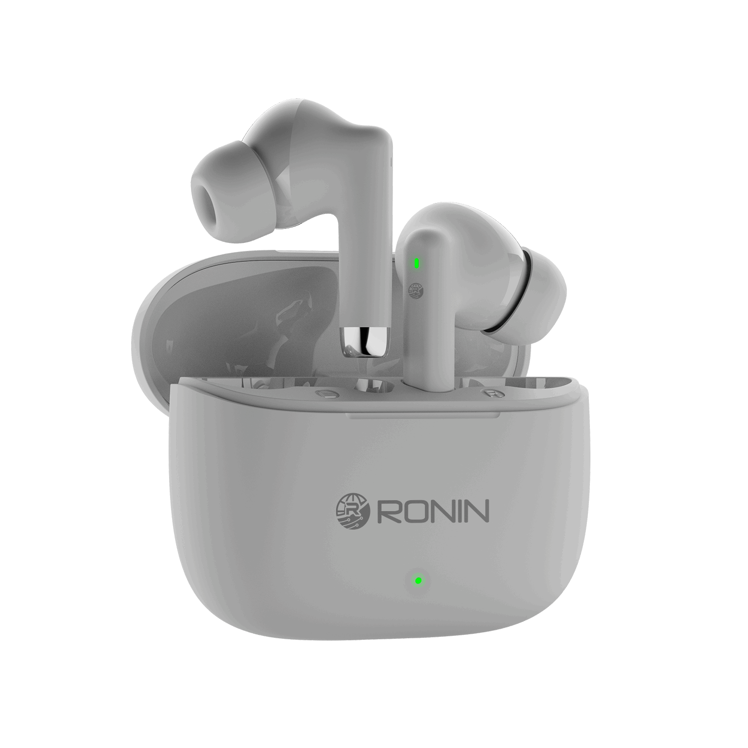 White RONiN R-740 earbuds with ergonomic design and touch controls for easy call and music management.