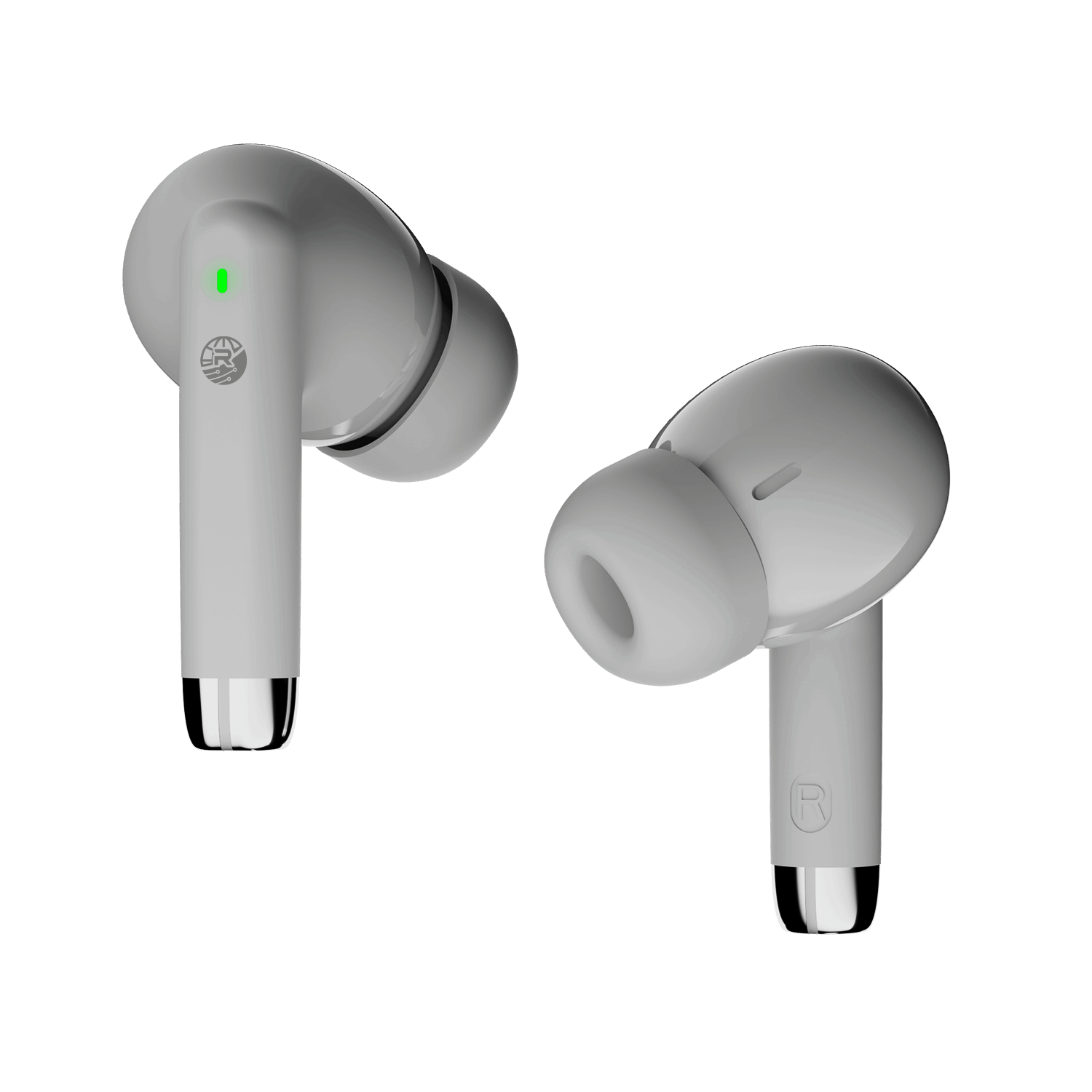 White RONiN R-740 earbuds with ergonomic design and touch controls for easy call and music management.