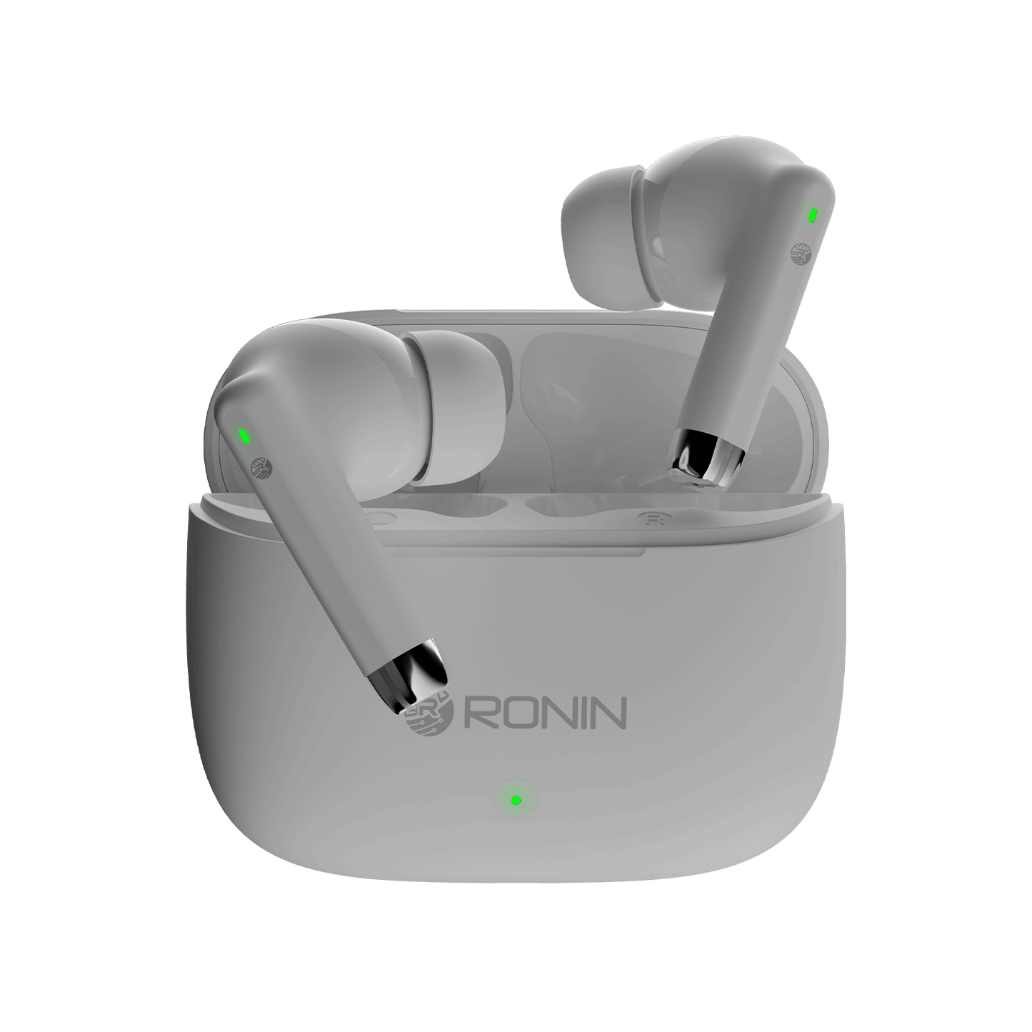 White RONiN R-740 wireless earbuds, offering clear sound quality and comfortable in-ear fit for extended wear.