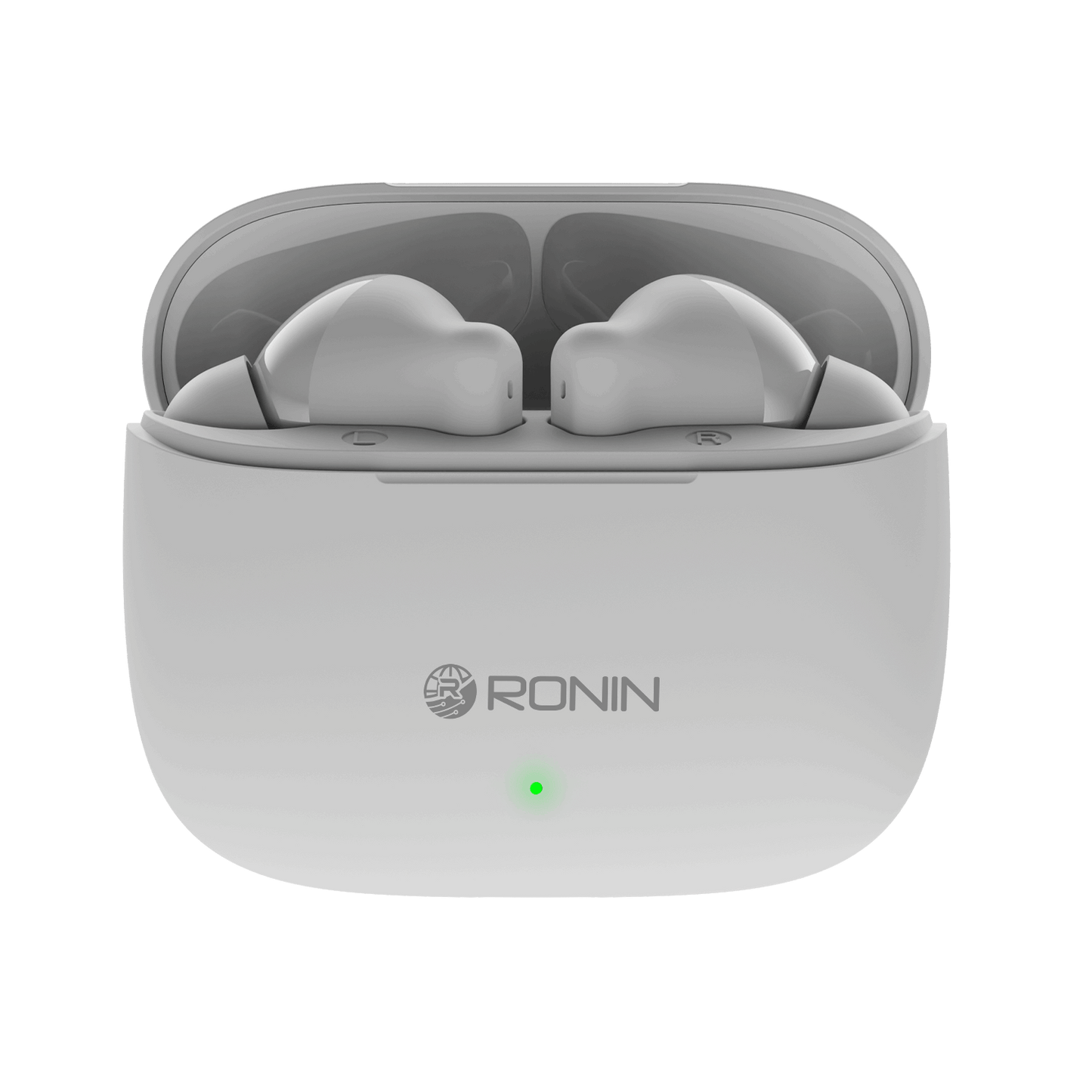 White RONiN R-740 wireless earbuds, offering clear sound quality and comfortable in-ear fit for extended wear.