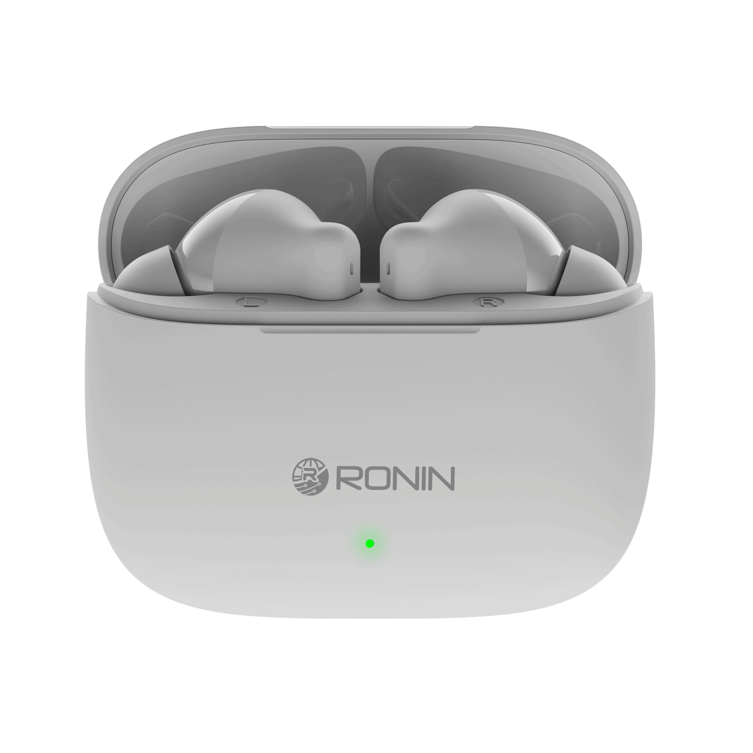 White RONiN R-740 wireless earbuds, offering clear sound quality and comfortable in-ear fit for extended wear.