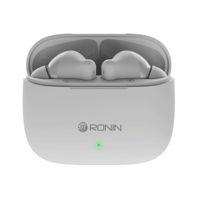 White RONiN R-740 wireless earbuds, offering clear sound quality and comfortable in-ear fit for extended wear.