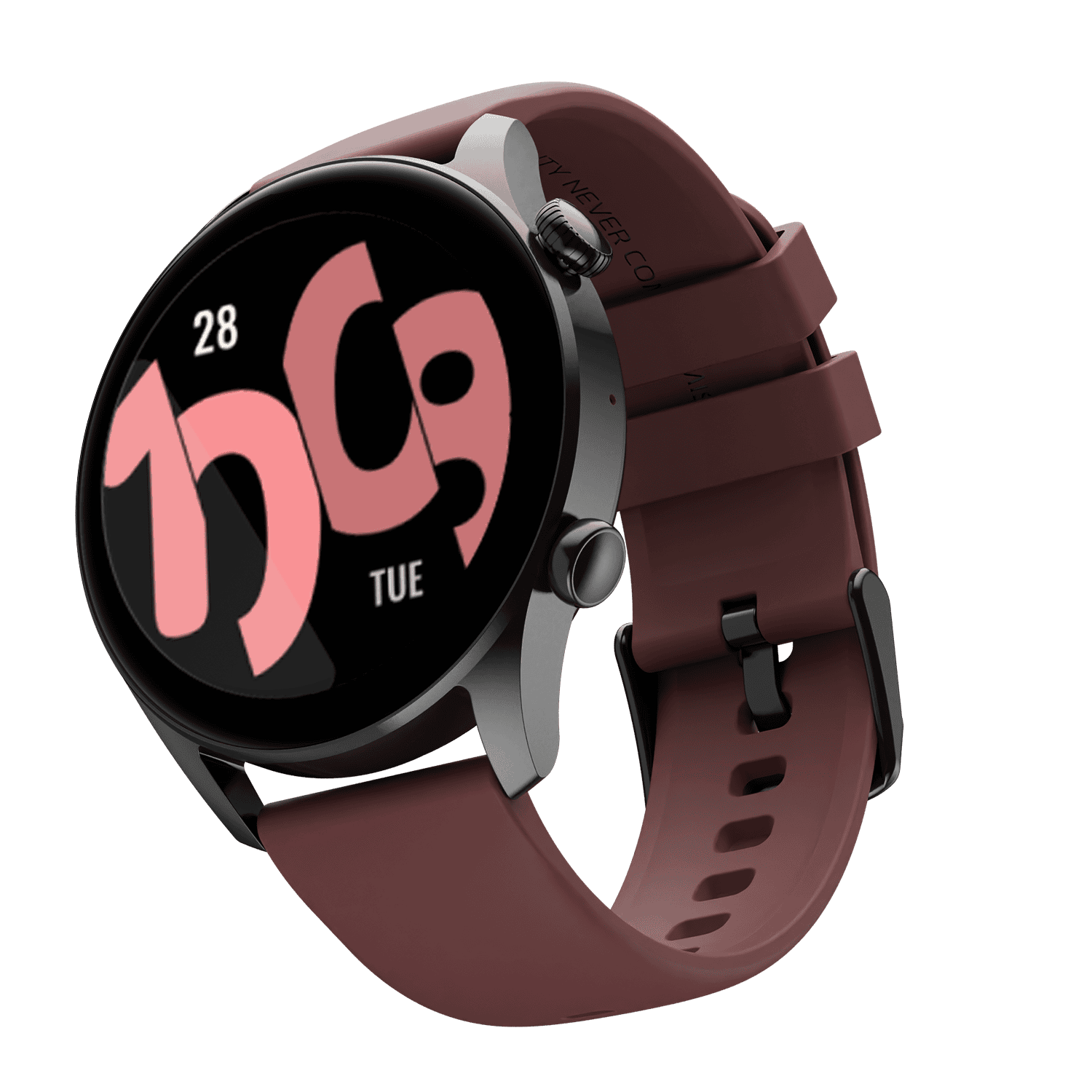 RONiN R-08 Smart Watch with a black dial complemented by a rich maroon strap, designed for those who appreciate style and cutting-edge technology.