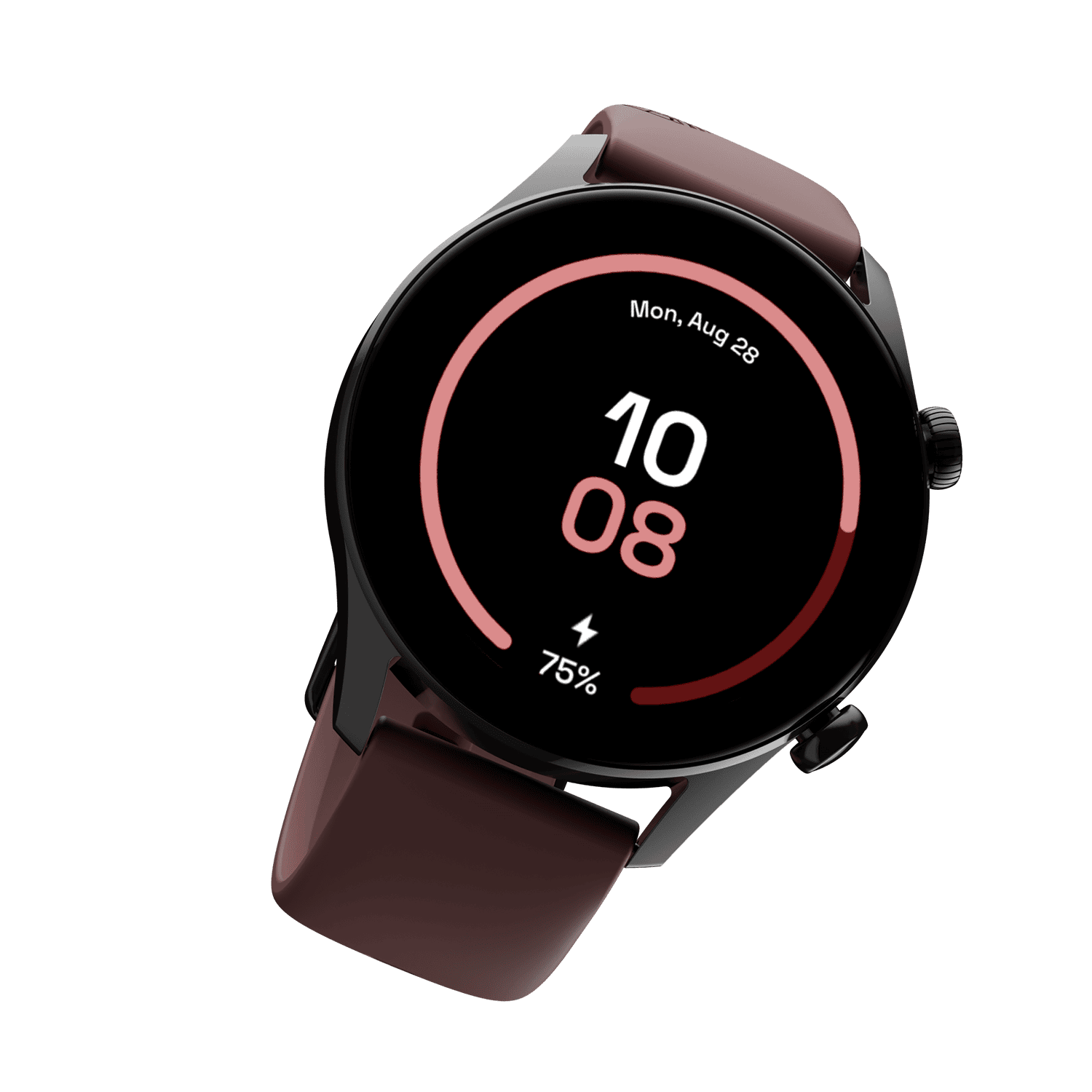 RONiN R-08 Smart Watch with a black dial complemented by a rich maroon strap, designed for those who appreciate style and cutting-edge technology.