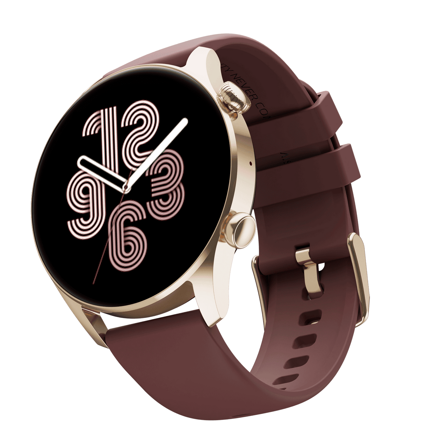 RONiN R-08 Smart Watch with a golden dial complemented by a rich maroon strap, offering a regal appearance with comprehensive health tracking.