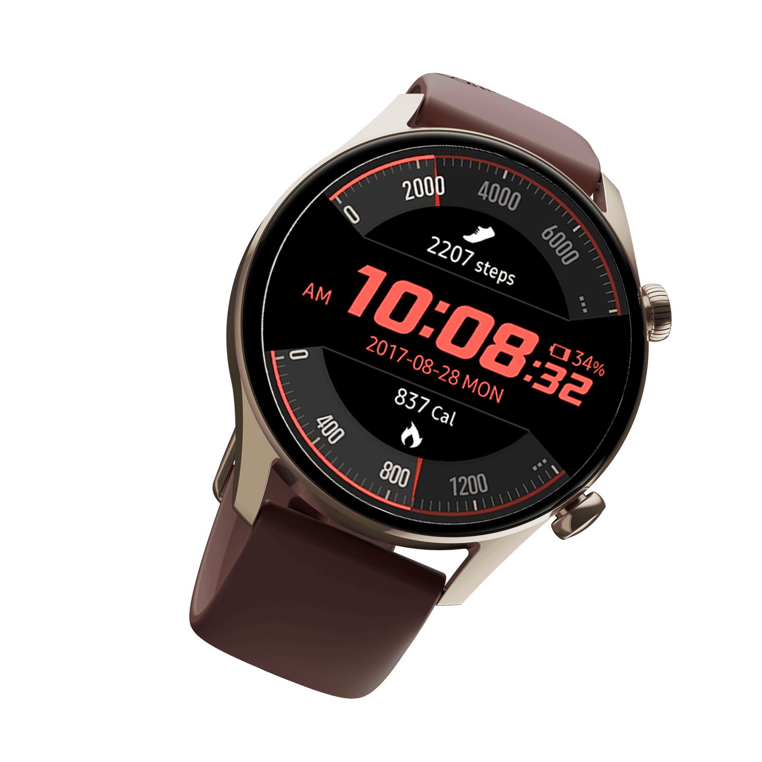 RONiN R-08 Smart Watch with a golden dial complemented by a rich maroon strap, offering a regal appearance with comprehensive health tracking.