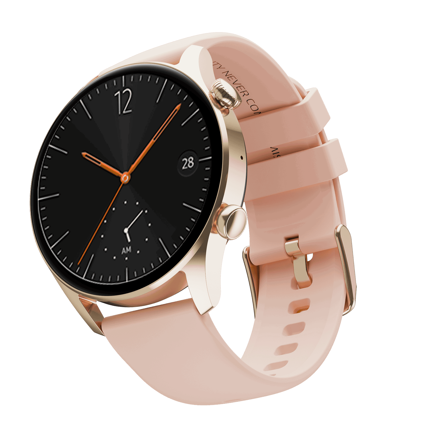 RONiN R-08 Smart Watch presenting a golden dial alongside a pink strap, combining luxury with an active lifestyle focus.