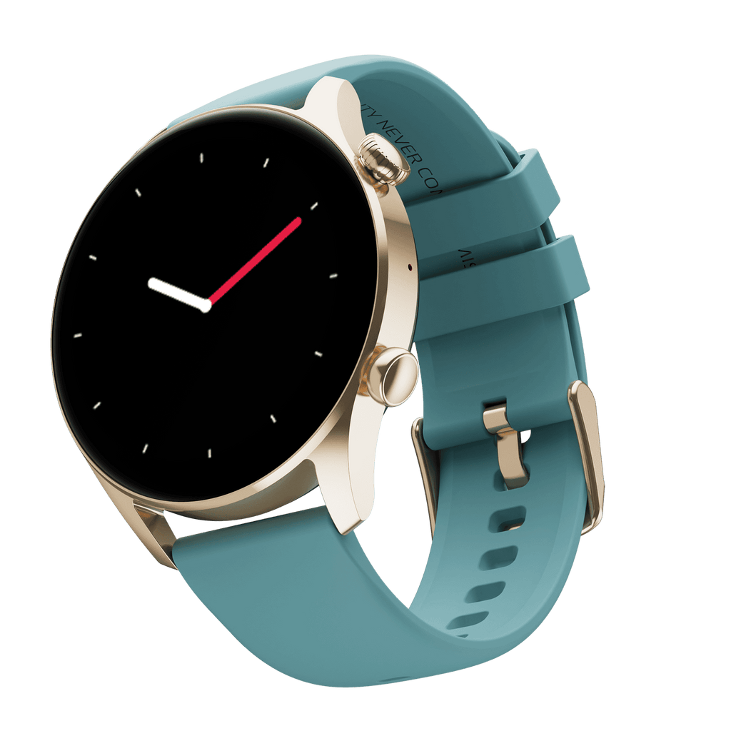 RONiN R-08 Smart Watch featuring a luxurious golden dial combined with a vibrant teal strap, exuding elegance alongside smart features.