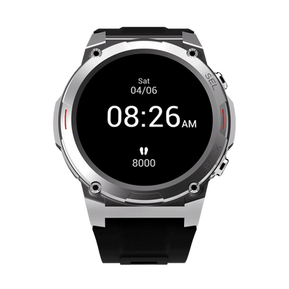 Silver RONiN R-011 smartwatch with black strap, blending sporty design with versatile fitness and sleep tracking features.