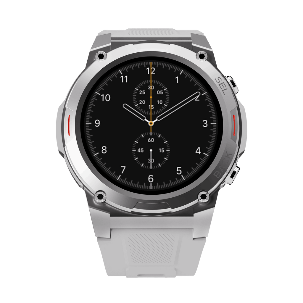 Silver RONiN R-011 smartwatch with a grey silicone strap, designed for style and functionality with a durable metallic case.