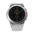 Silver RONiN R-011 smartwatch with a grey silicone strap, designed for style and functionality with a durable metallic case.