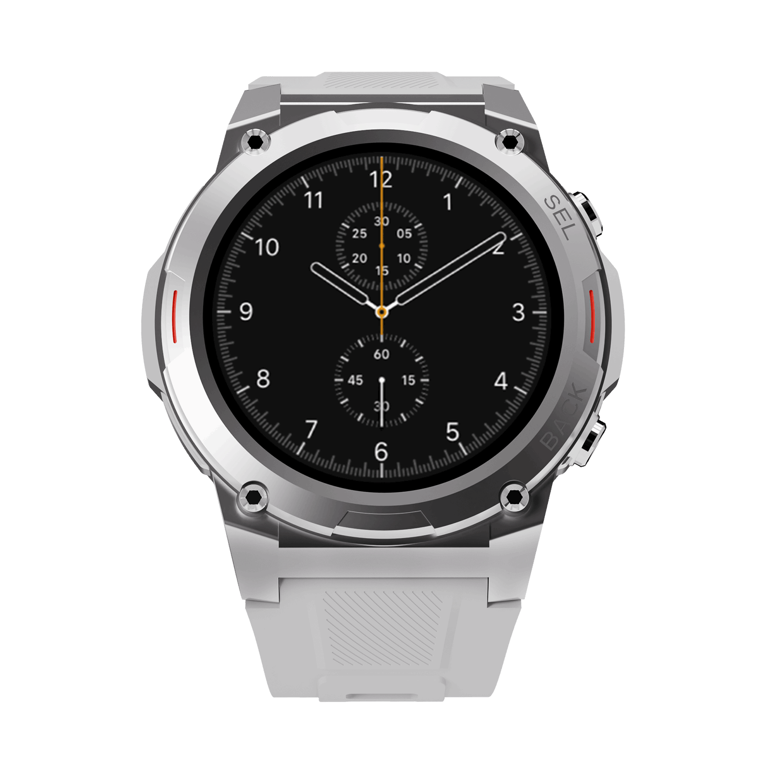 Silver RONiN R-011 smartwatch with a grey silicone strap, designed for style and functionality with a durable metallic case.