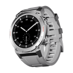 Silver RONiN R-011 smartwatch with a grey silicone strap, designed for style and functionality with a durable metallic case.