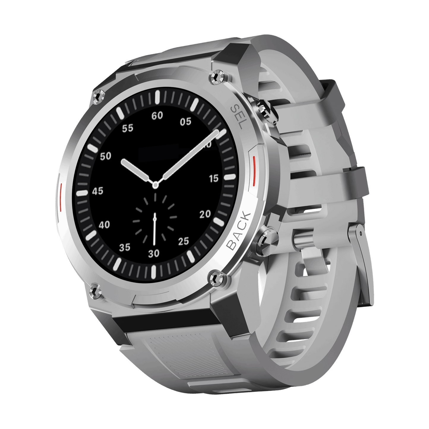 Silver RONiN R-011 smartwatch with a grey silicone strap, designed for style and functionality with a durable metallic case.