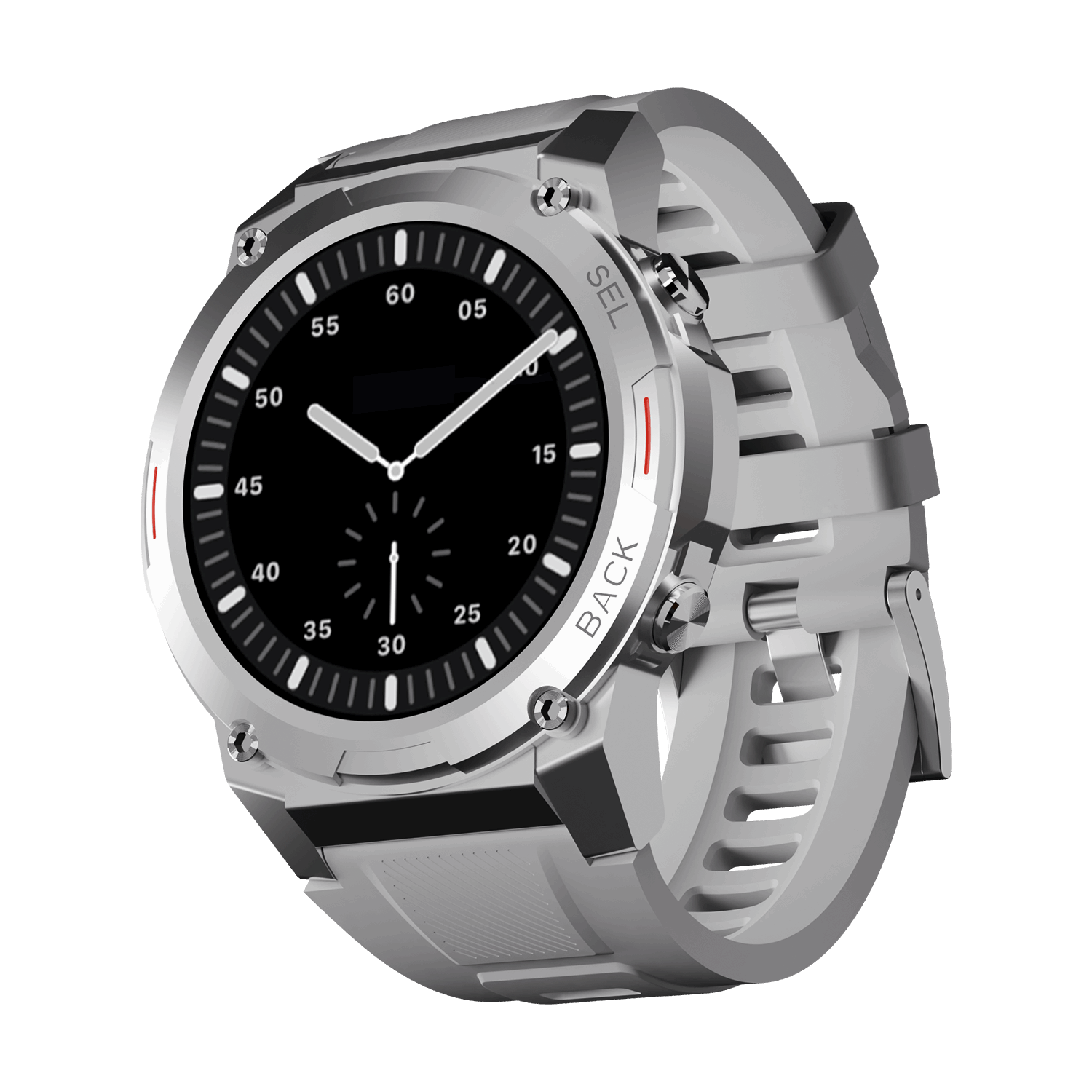 Silver RONiN R-011 smartwatch with a grey silicone strap, designed for style and functionality with a durable metallic case.