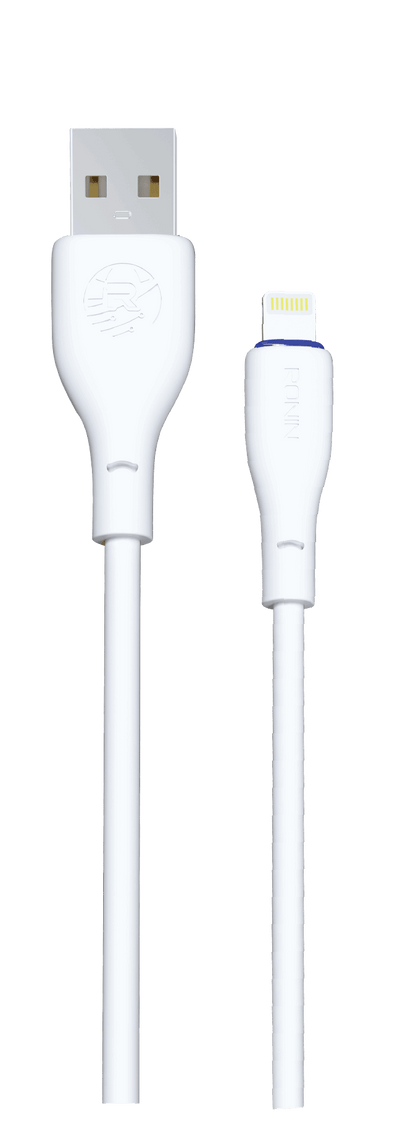 RONiN R-340 iOS charging cable in white, compatible with iPhone and iPad, offering high-speed charging.