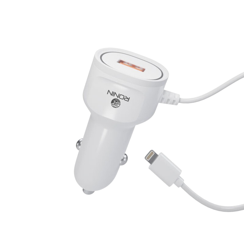 RONiN R-545 Car Charger 2.4A available for Lightning, offering fast and reliable in-car charging for various devices, with a compact and durable white design.