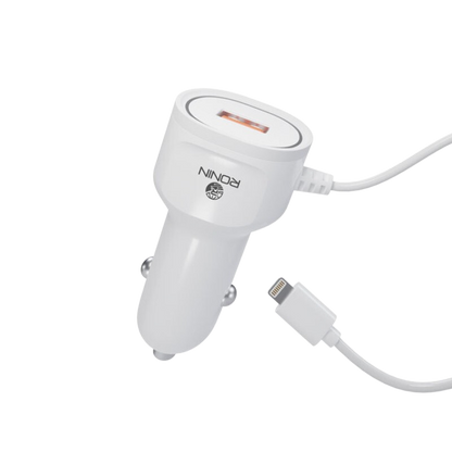 RONiN R-545 Car Charger 2.4A available for Lightning, offering fast and reliable in-car charging for various devices, with a compact and durable white design.