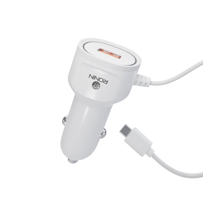 RONiN R-545 Car Charger 2.4A available for Type-C, offering fast and reliable in-car charging for various devices, with a compact and durable white design.