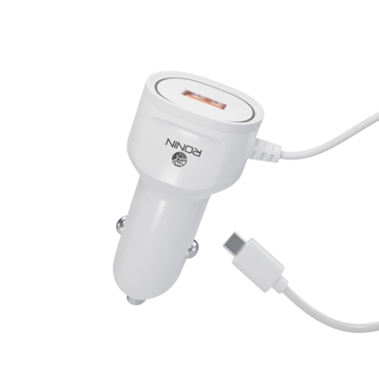 RONiN R-545 Car Charger 2.4A available for Type-C, offering fast and reliable in-car charging for various devices, with a compact and durable white design.