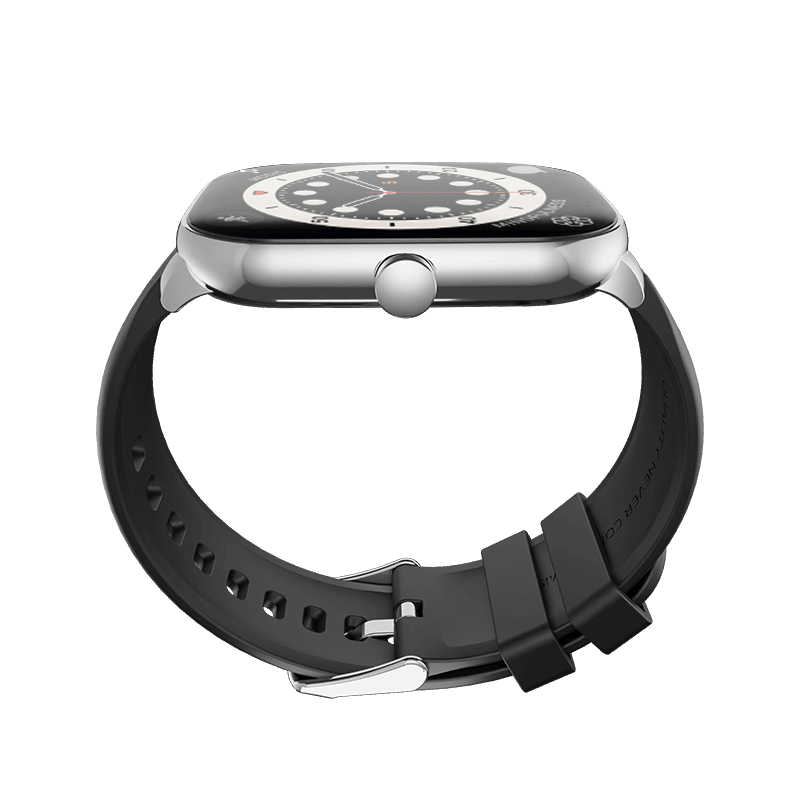 RONiN R-06 Smart Watch in silver with black strap, equipped with heart rate and SpO2 sensors for health tracking.
