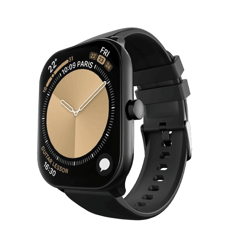 RONiN R-06 Smart Watch in black with black strap, offering a week-long battery life and multiple fitness sensors.