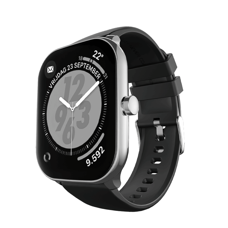 RONiN R-06 Smart Watch in silver with black strap, equipped with heart rate and SpO2 sensors for health tracking.