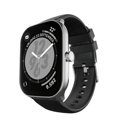 RONiN R-06 Smart Watch in silver with black strap, equipped with heart rate and SpO2 sensors for health tracking.