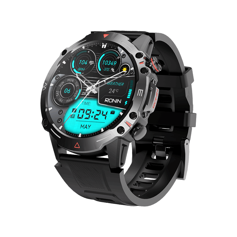 Black RONiN R-012 Rugged Smart Watch with a durable case and silicone strap, built for outdoor adventures.