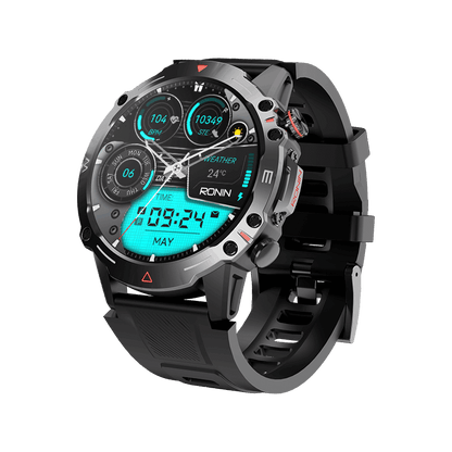 Black RONiN R-012 Rugged Smart Watch with a durable case and silicone strap, built for outdoor adventures.