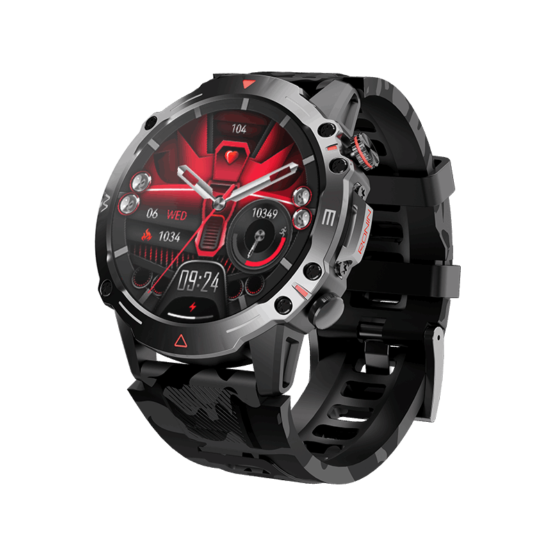 RONiN R-012 Rugged Smart Watch in black, showcasing a digital display with step tracking and heart rate monitor.