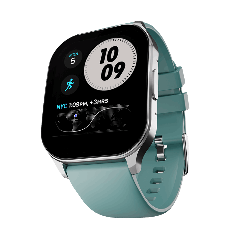 RONiN R-07 Smart Watch with a silver dial and teal strap, featuring health monitoring and fitness tracking capabilities.