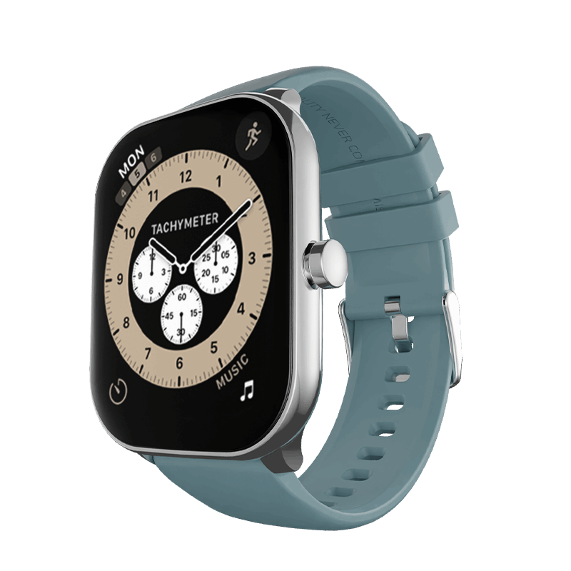 RONiN R-06 Smart Watch in silver with teal strap, equipped with heart rate and SpO2 sensors for health tracking.