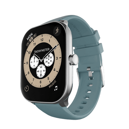 RONiN R-06 Smart Watch in silver with teal strap, equipped with heart rate and SpO2 sensors for health tracking.