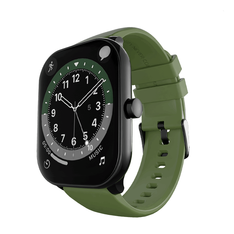 Black RONiN R-06 Smart Watch with grass green strap, featuring a 1.43-inch TFT display and cloud-based watch faces.