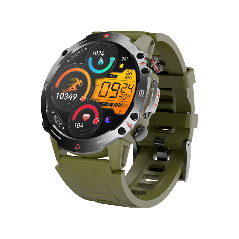 Green RONiN R-012 Rugged Smart Watch, equipped with IP68 water resistance and a sporty silicone strap.