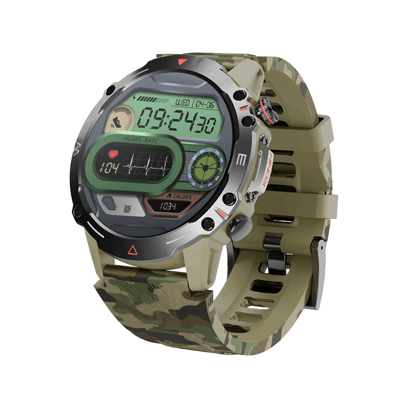 Green RONiN R-012 Rugged Smart Watch, displaying customizable watch faces and real-time notifications.