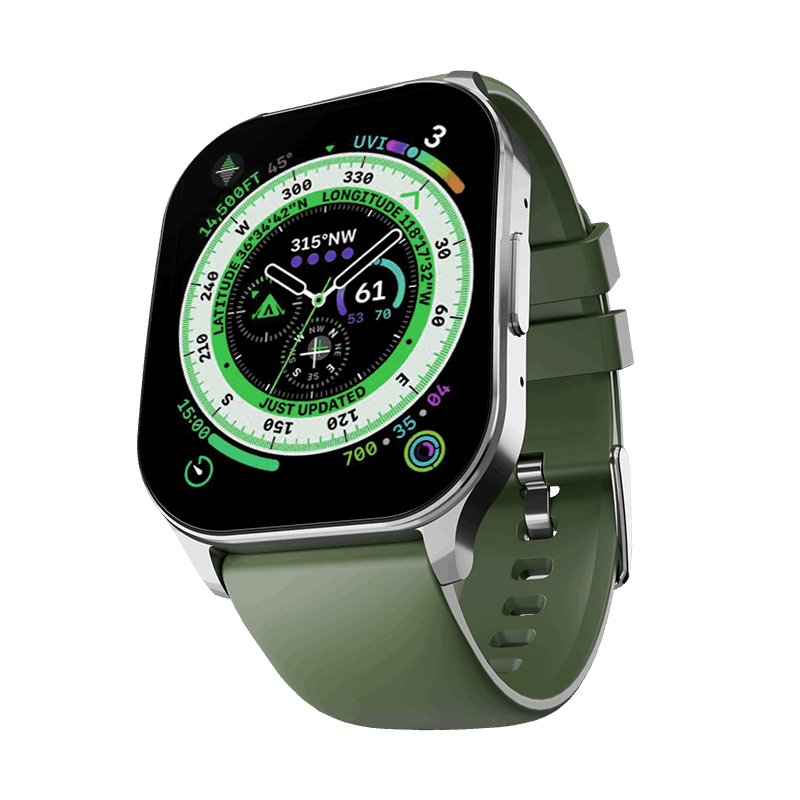 RONiN R-07 Smart Watch in silver with a fresh grass green strap, designed for active lifestyles.